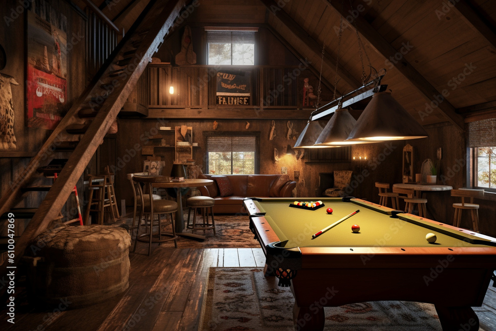 Rustic game room with a pool table, dartboard, and vintage arcade games, Rustic style interior, Interior Design Generative AI
