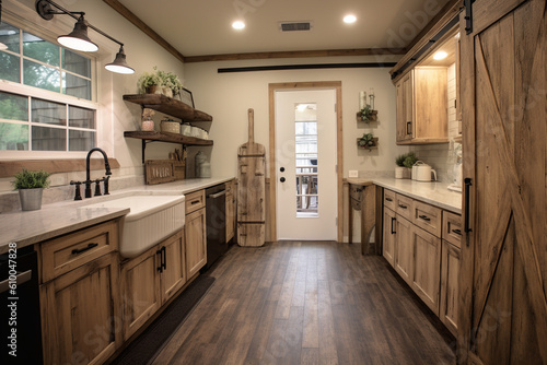 Rustic farmhouse laundry room with a farmhouse sink  open shelving  and a sliding barn door  Rustic style interior  Interior Design Generative AI