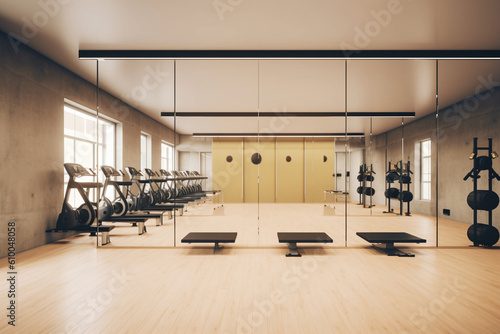 Gym room with minimalistic exercise equipment, open space, and a mirrored wall, Minimalist style interior, Interior Design Generative AI