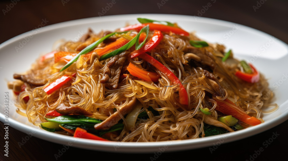 Japchae, Korean stir-fried glass noodles and vegetables   created with Generative AI technology