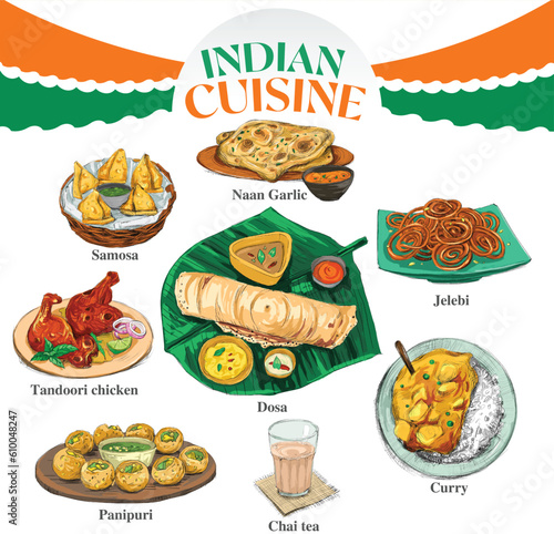Set of Indian food Cuisine icons in hand engrave style hand drawn illustration isolated, cookery