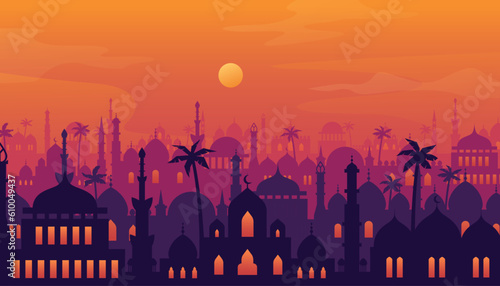 Arabian cityscape. Sunset town scenery. Old arabian cityscape. Sunset town scenery.