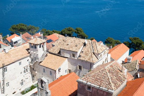 Historic town Korcula in Croatia, view from the bell tower, Marco Polo house, summer vacation on Adriatic coast