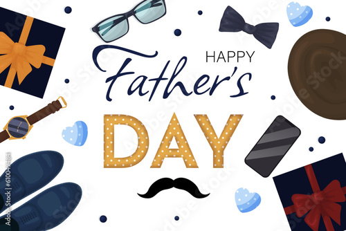 Happy Fathers Day with hat,necktie and gift box. Greeting card. Vector illustration EPS10.