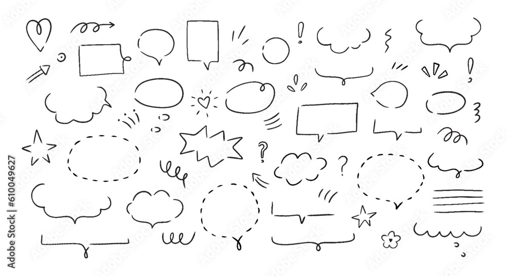 Fototapeta premium Hand drawn set i speech bubbles, clouds and and doodle elements. Isolated simple vector illustration.