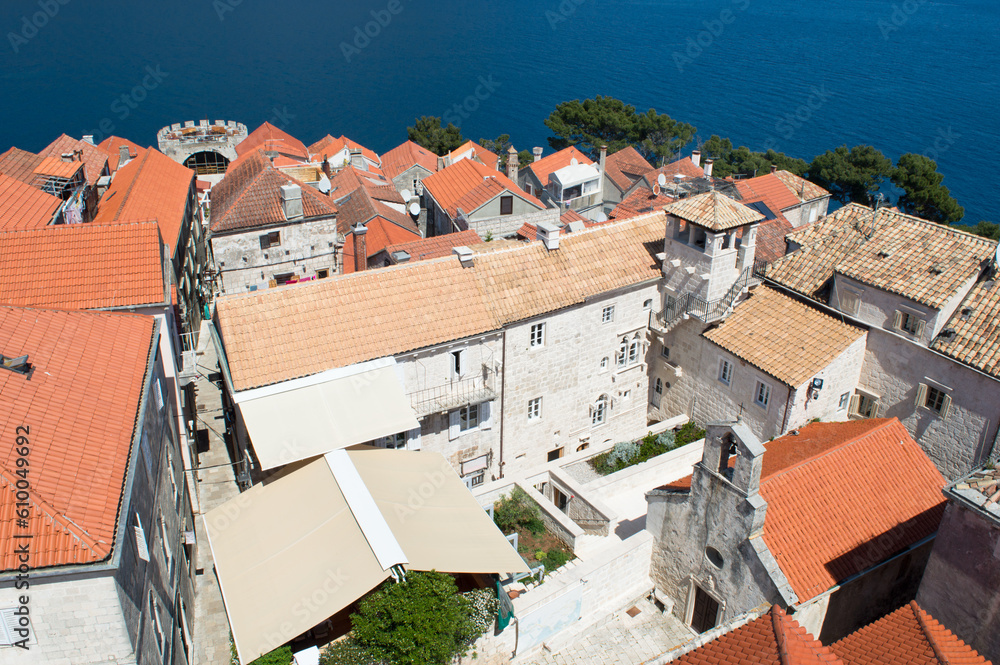 Historic town Korcula in Croatia, view from the bell tower, Marco Polo house, summer vacation on Adriatic coast