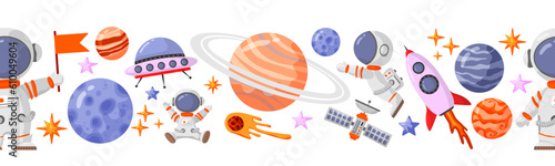 Astronaut and space seamless pattern with space elements. Seamless pattern for design, posters, backgrounds astronaut and space. Planet, comet, galaxy, alienships.