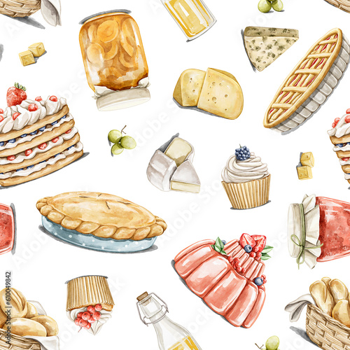 Seamless pattern with vintage variety set of sweet dessert, cupcakes, cake, pies and jams with berries isolated on white background. Watercolor hand drawn illustration sketch