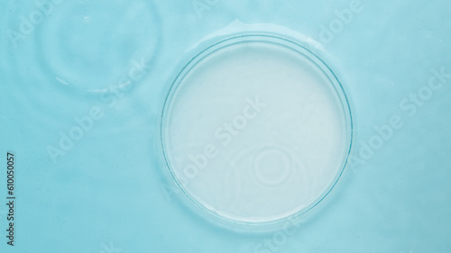 Petri dish empty against the background of blue water