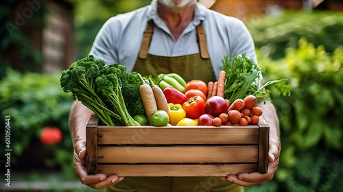 Happy farmer holding organic freshly harvest tomato, organic, onion, tomatoes vegetables box