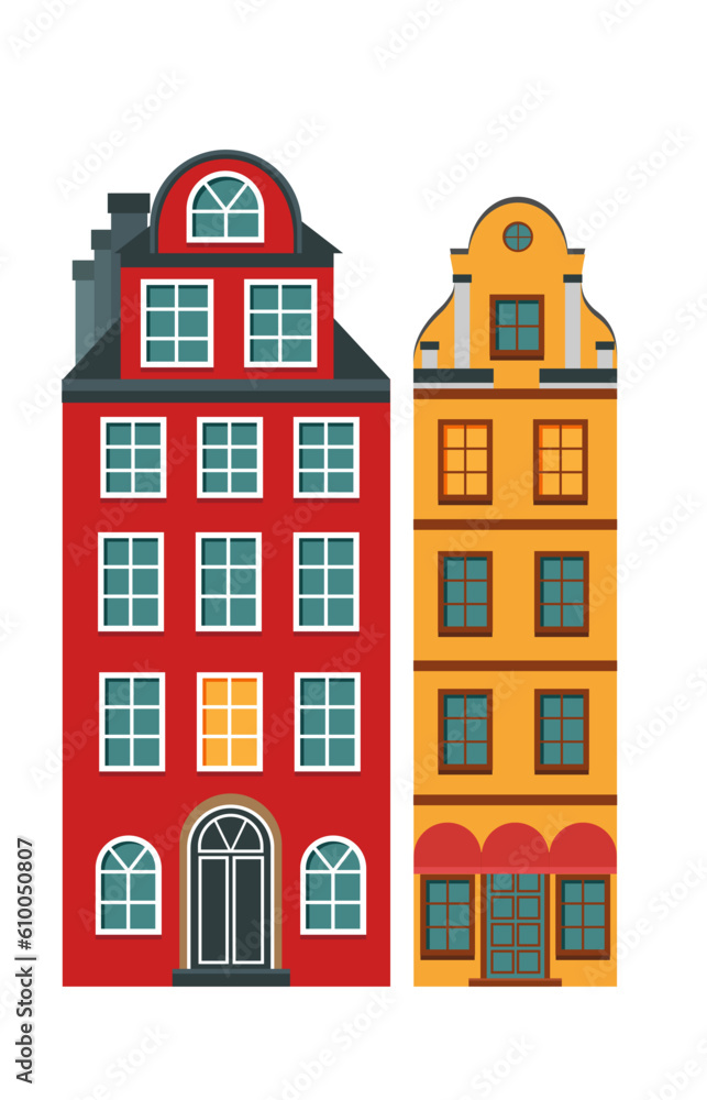 Scandinavian houses. Vector illustration of the old buildings of Stockholm. Isolated on a white background.