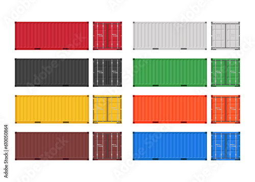 Large shipping containers. Set of cargo containers in different colors. Vector illustration. Isolated on white background.	
