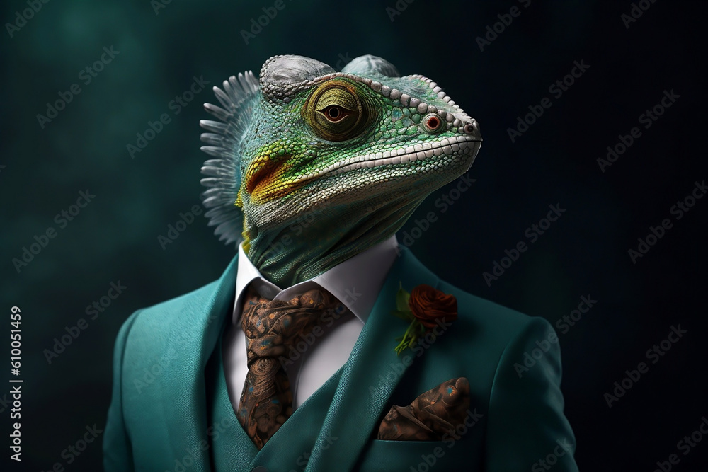 Portrait of a Chameleon dressed in a formal business suit, generative AI