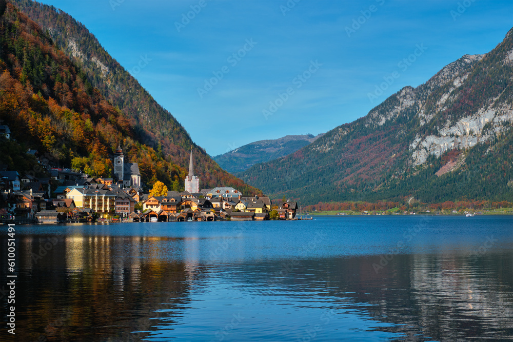 Austrian tourist destination Hallstatt village on Hallstatter See lake in Austrian alps. Salzkammergut region, Austria