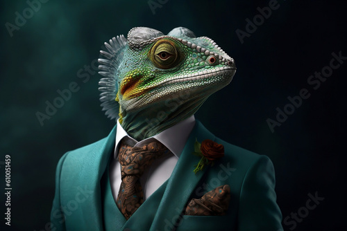 Portrait of a Chameleon dressed in a formal business suit  generative AI