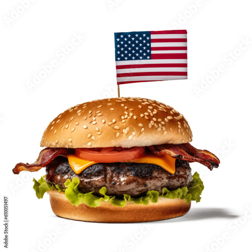 Patriotic USA burger with beef  for celebration 4th July, independence day in USA, isolated on white background, Generative AI