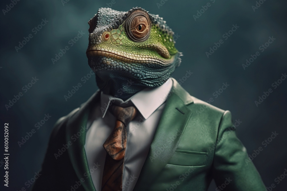 Portrait of a Chameleon dressed in a formal business suit, generative AI Portrait of a Chameleon dressed in a formal business suit, generative AI