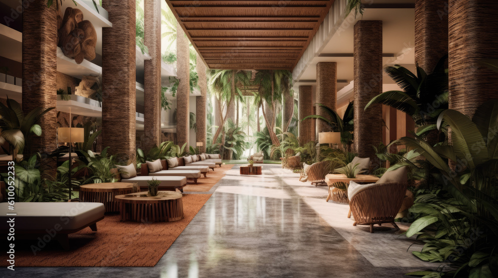 Fototapeta premium modern tropical lobby interior created with Generative AI technology
