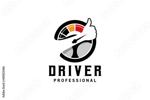 Professional car driver logo design with creative thumb up concept