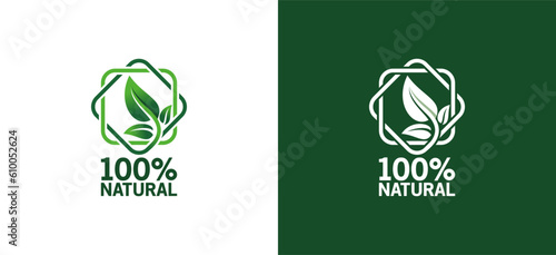 100% Natural vector logo or badge template for product with pure green leaf