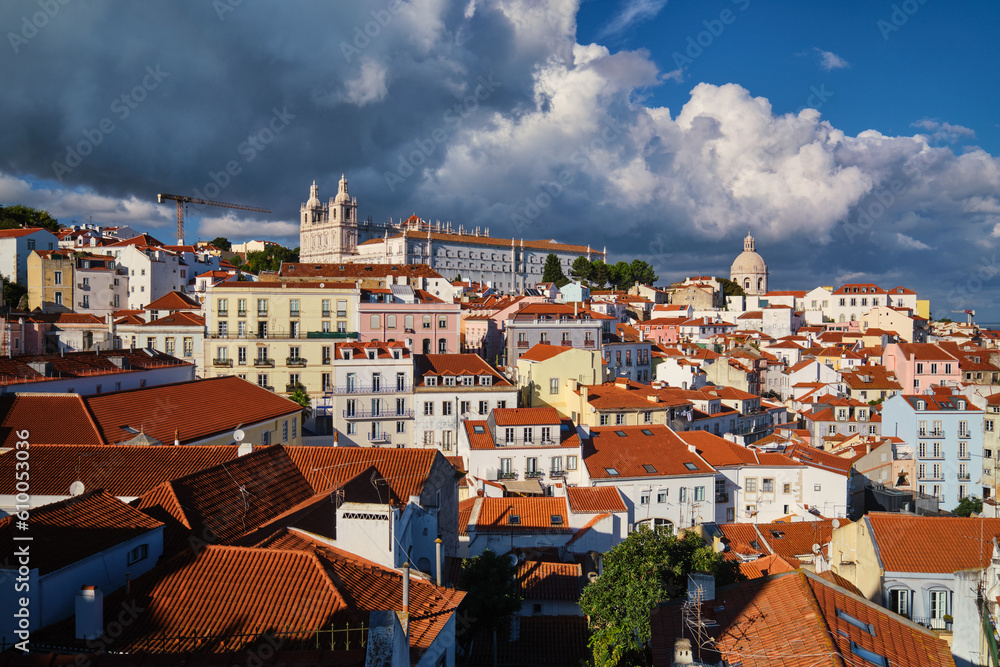 Obraz premium View of Lisbon famous postcard iconic view from Miradouro de Santa Luzia tourist viewpoint over Alfama old city district. Lisbon, Portugal.