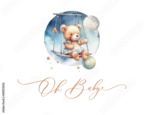 Oh baby. Cute baby shower watercolor invitation card card with teddy bear for baby and kids new born celebration.