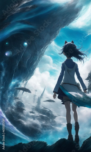 Anime Manga Fantasy Sci-Fi Girl Standing On Rocks Looking Out Over An Underwater Ocean City With Clouds In The Sky Inside A Huge Rolling Wave Digital Art 