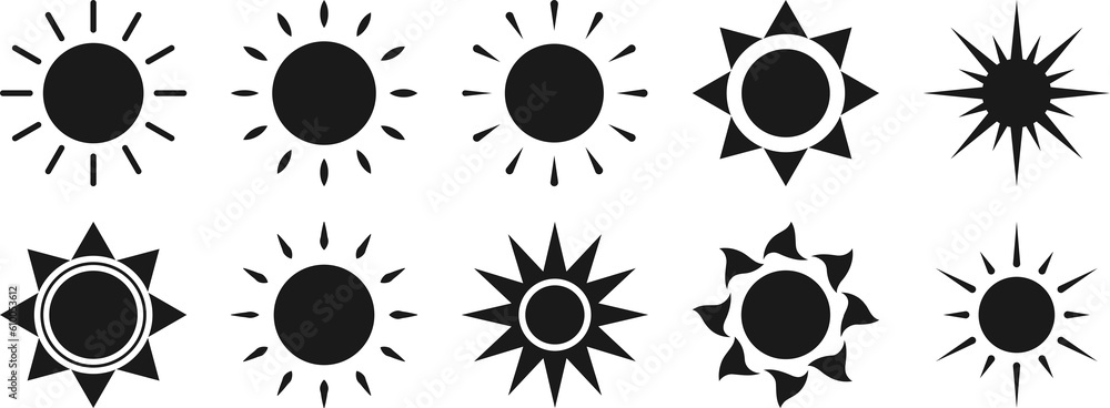 Sun black icon set. Summer weather symbol. PNG