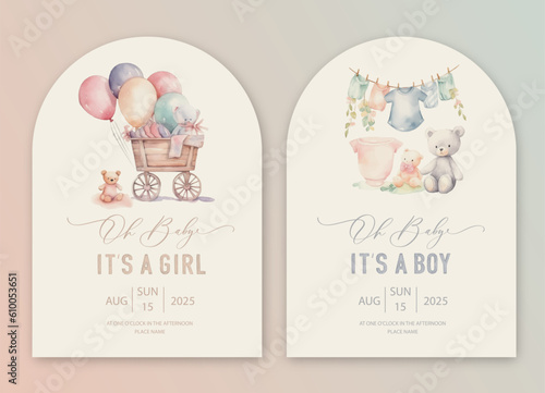 Cute baby shower watercolor invitation card for baby and kids new born celebration. Its a girl, Its a boy card with baby stroller, dress and balls.