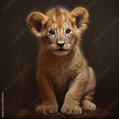 Adorable baby lion cub with fluffy fur, innocent eyes, and a playful expression. Created with Generative AI Technology.