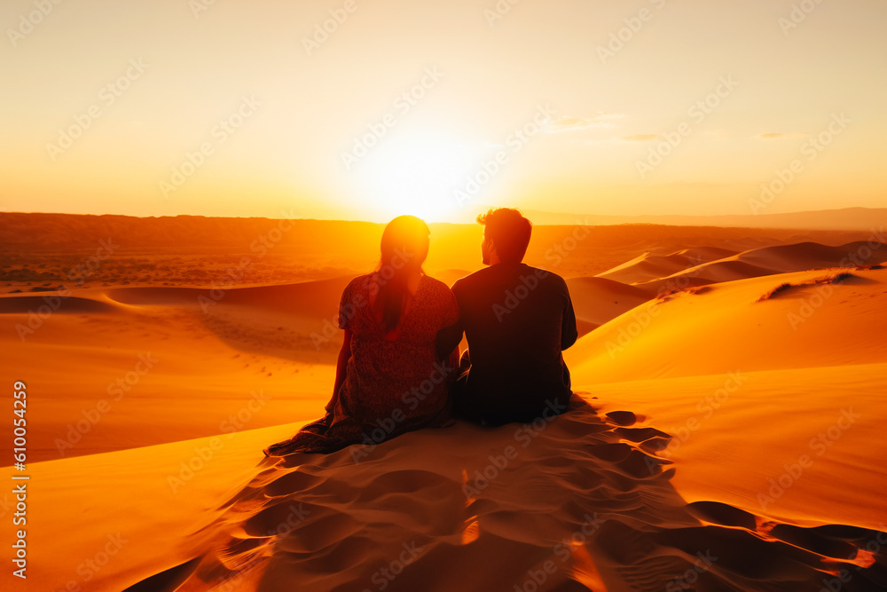 A couple sitting on the sand at sunset