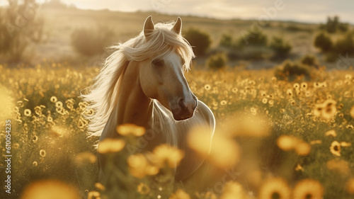 horse in the field with flowers