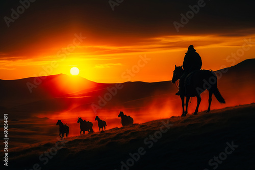 Men in silhouette Mongolian clothes riding on horseback under the setting sun