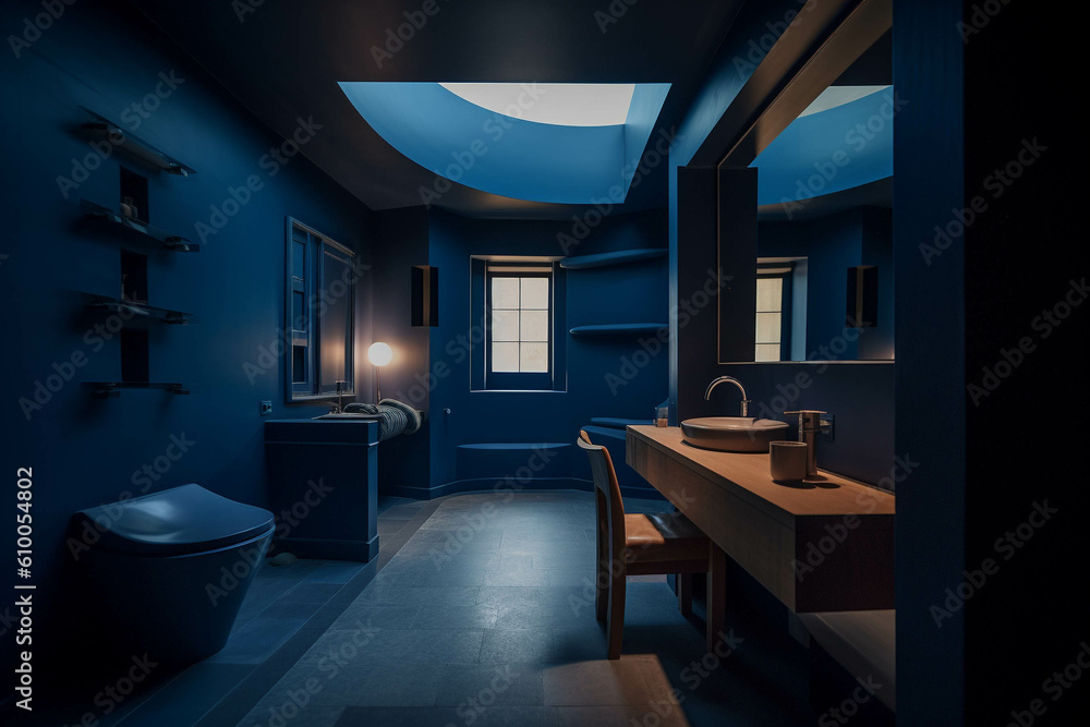 Organic bathroom Dark blue color palette. Centered perspective. Interior Design