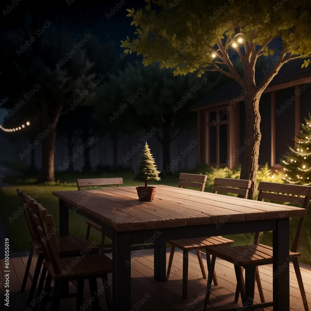 Empty wood table placed in front of forest with evening atmosphere. Generative AI