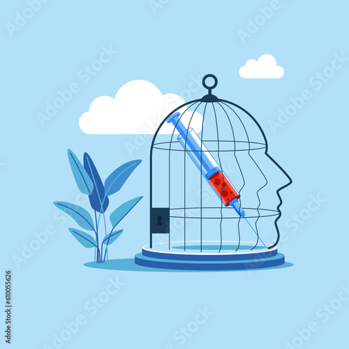 Needles and syringe inside human head birdcage. International Day against Drug Abuse and Illicit Trafficking. Observed on 26th JUNE. Flat vector illustration
