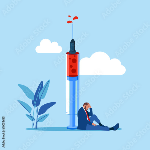 Fear of needles and syringe. Mental health, vaccination. Suffering panic attack and feeling dizzy. Depressed businessman feeling despair. International Day against Drug Abuse and Illicit Trafficking