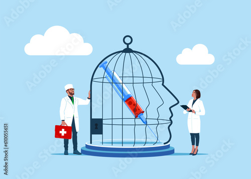 International Day against Drug Abuse and Illicit Trafficking. Needles and syringe inside human head birdcage. Observed on 26th JUNE. Flat vector illustration