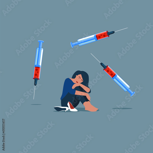 Fear of needles and syringe. Suffering panic attack and feeling dizzy. Depressed businessman feeling despair. International Day against Drug Abuse and Illicit Trafficking. 