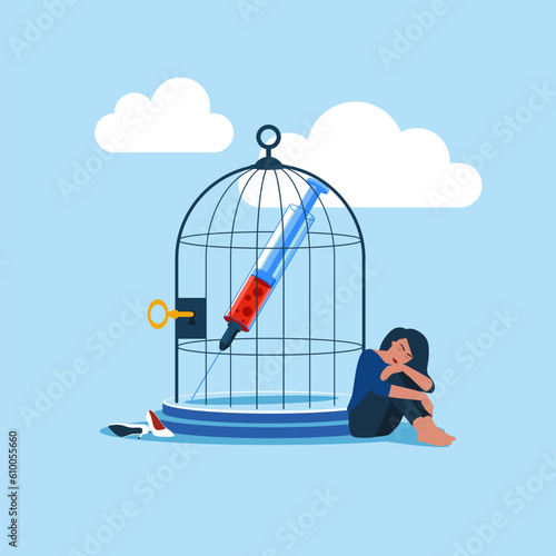 International Day against Drug Abuse and Illicit Trafficking. Observed on 26th JUNE. Healthy lifestyle. Huge needles and syringe inside birdcage. Depressed woman feeling despair. 