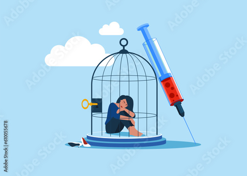 International Day against Drug Abuse and Illicit Trafficking. Observed on 26th JUNE. Healthy lifestyle. Depressed woman lock herself sit inside birdcage. Vector Illustration. 