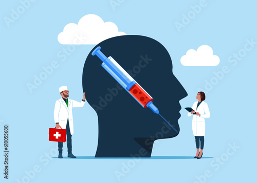 Huge needles and syringe inside human head. Depressed human head   feeling despair. International Day against Drug Abuse and Illicit Trafficking. Observed on 26th JUNE. Healthy lifestyle. 