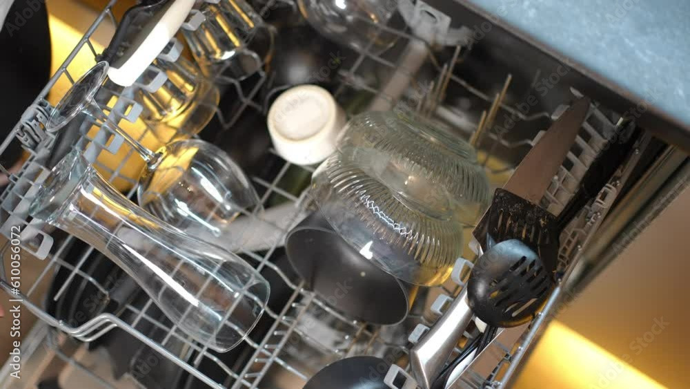 Top view female hand placing glassware in dishwasher closing rack