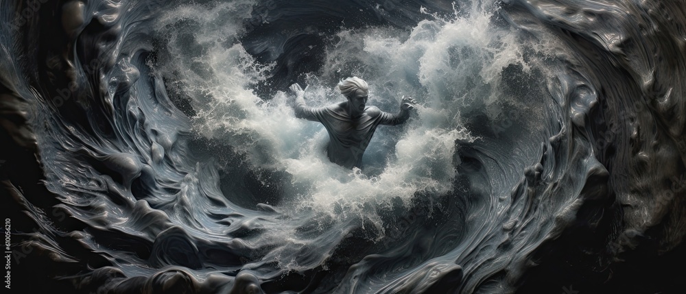 A sculpted figure emerging from a swirling vortex of liquid, embodying ...