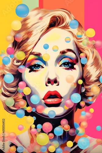 Vibrant painting of a woman with a face full of bubbles, close-up of red lips, yellow balloon, eye detail with colorful makeup, and blue ball on a yellow background. Generative AI