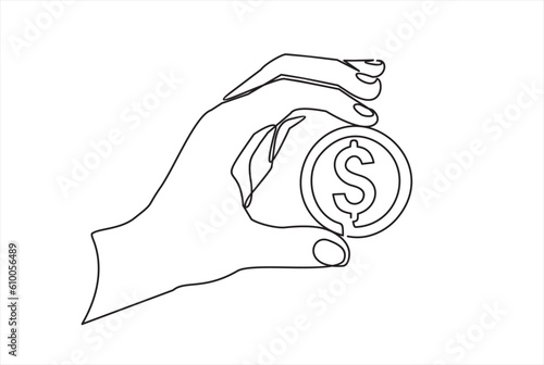 Continuous one line drawing of hand picking dollar sign. Thin line image of woman hand holding money concept. Vector illustration for banner, template, poster, infographics, business web, app.