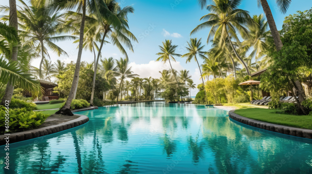 pool and coconut palm tree created with Generative AI technology	