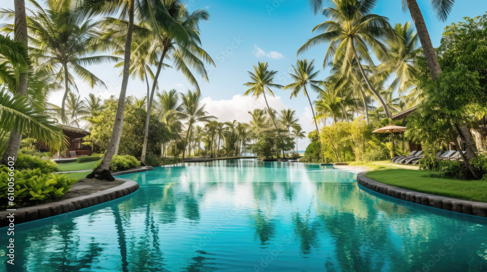 pool and coconut palm tree created with Generative AI technology pool and coconut palm tree created with Generative AI technology