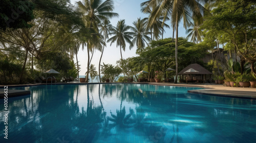 pool and coconut palm tree created with Generative AI technology 