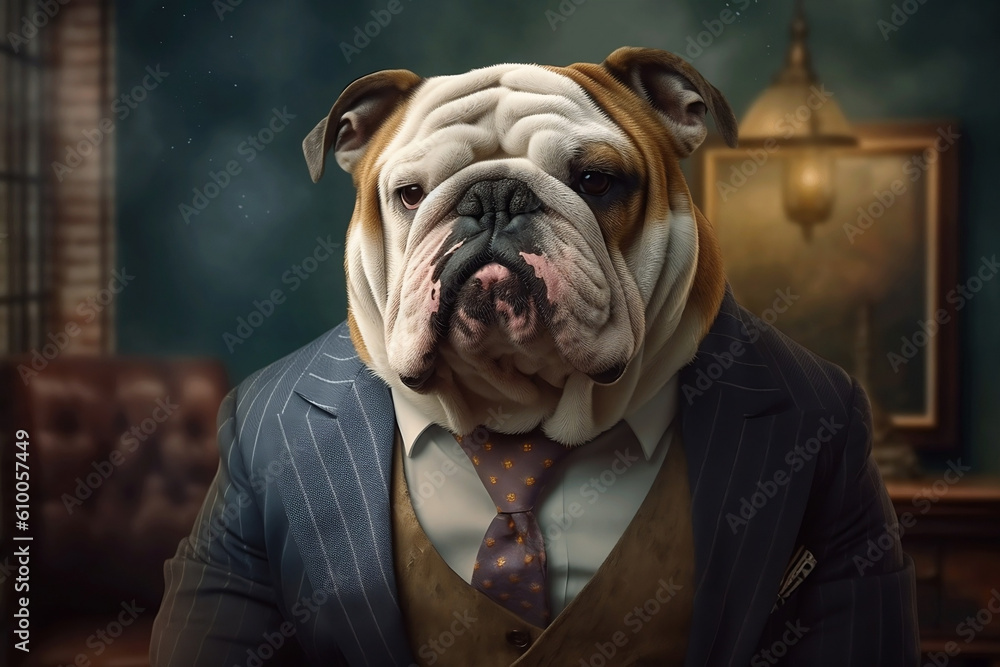 Portrait of a Bulldog dressed in a formal business suit, generative AI